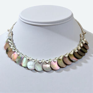 Mother of Pearl Shell Disc Necklace, Iridescent Statement Necklace, Silver Tone